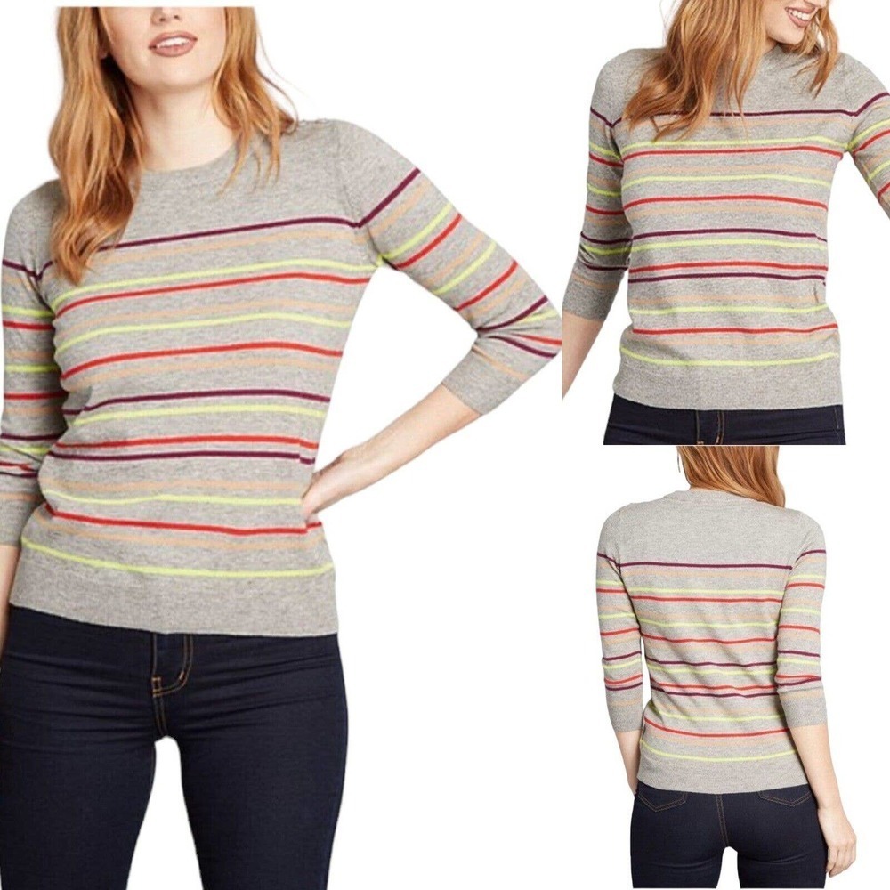 🍀Modcloth Gray Crew Neck 3/4 Sleeve Candy Striped Pullover Sweater Size XL